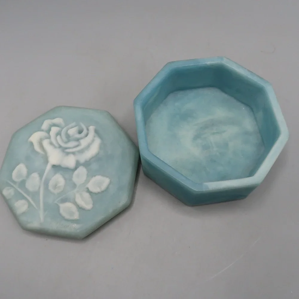 Trinket Box Octogen Shaped Blue & White Rose Soapstone Jewelry Treasure